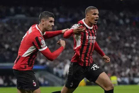 Striker Milan Malick Thiaw (kiri) dan Alvaro Morata merayakan gol ke gawang Real Madrid di Liga Champions, di Stadion Santiago Bernabeu, Selasa, 6/11/24.