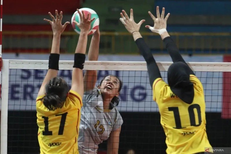 Pebola voli Popsivo Polwan Leregia Devina Oktaviani (kiri) dan Agustin Wulandhari (kanan) menahan spike pebola voli TNI AL Aisya Ayu Ristalia (tengah) di Final Four Livoli 2023. ANTARA FOTO/Prasetia Fauzani/foc.