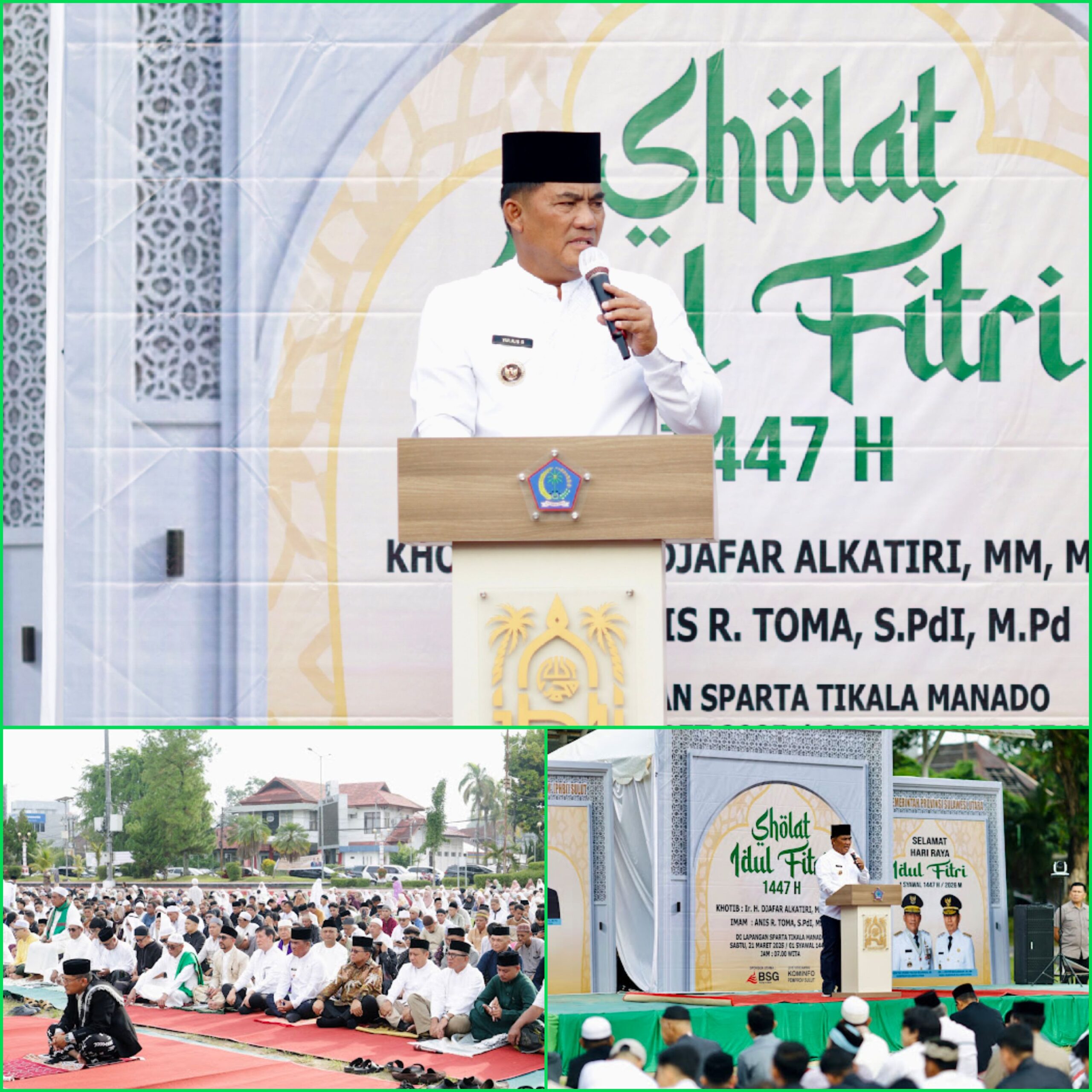 Gubernur Sulut Yulius Selvanus di hadapan ribuan jamaah, memberikan sambutan Shalat Idul Fitri 1447 Hijriah, Sabtu (21/3/26), di lapangan Sparta Tikala, Manado, Sulut. (Foto: Diskominfosantik, Sulut)
