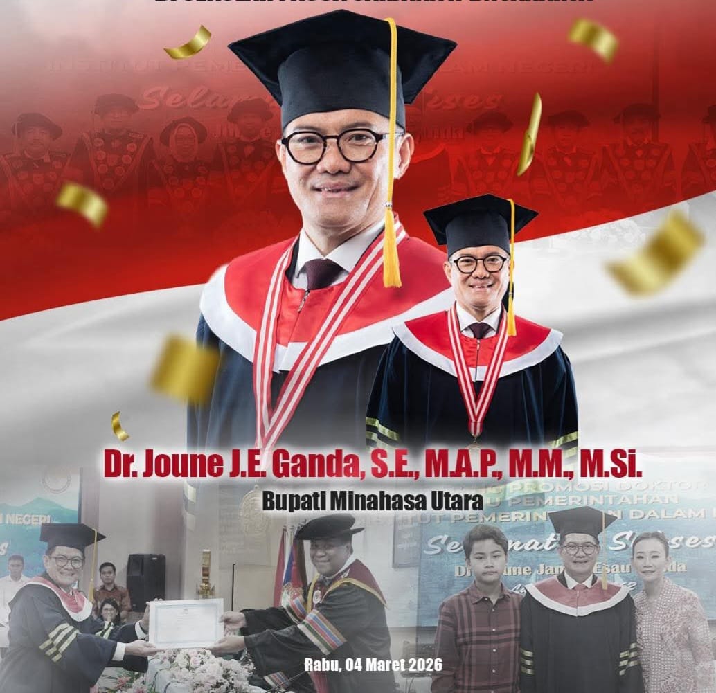 Bupati Joune Ganda sukses meraih gelar doktor Ilmu Pemerintahan, Rabu (4/3/26) dari Institut Pemerintahan Dalam Negeri, Jakarta (Foto kolase/Ist)