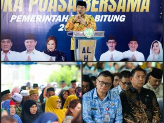 Gubernur Sulut Yulius Selvanus (atas) di mimbar memberikan arahan dalam acara Safari Ramadan, Jumat (13/3/26) di Kota Bitung. (Kiri bawah), masyarakat dengan saksama mendengar arahan Gubernur. Para pejabat di lingkup Pemprov Sulut yang hadir, diantaranya Plt. Kaban BPSDMD Dr. Franky Tintingon, SSTP., M.Si (kemeja batik coklat) dan Kadis Perkimtan, Ir Alexander Wattimena ST, MSi (kemaja batik biru). (Sumber: Foto kolase Diskominfosantik, Sulut)