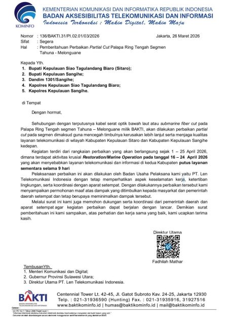 Dalam surat bernomor 136/BAKTI.31/PI.02.01/03/2026 itu dijelaskan, langkah perbaikan partial cut dilakukan guna mencegah kerusakan lebih luas serta menjaga kualitas layanan telekomunikasi di wilayah terdampak. (Sumber: Komdigi RI)
