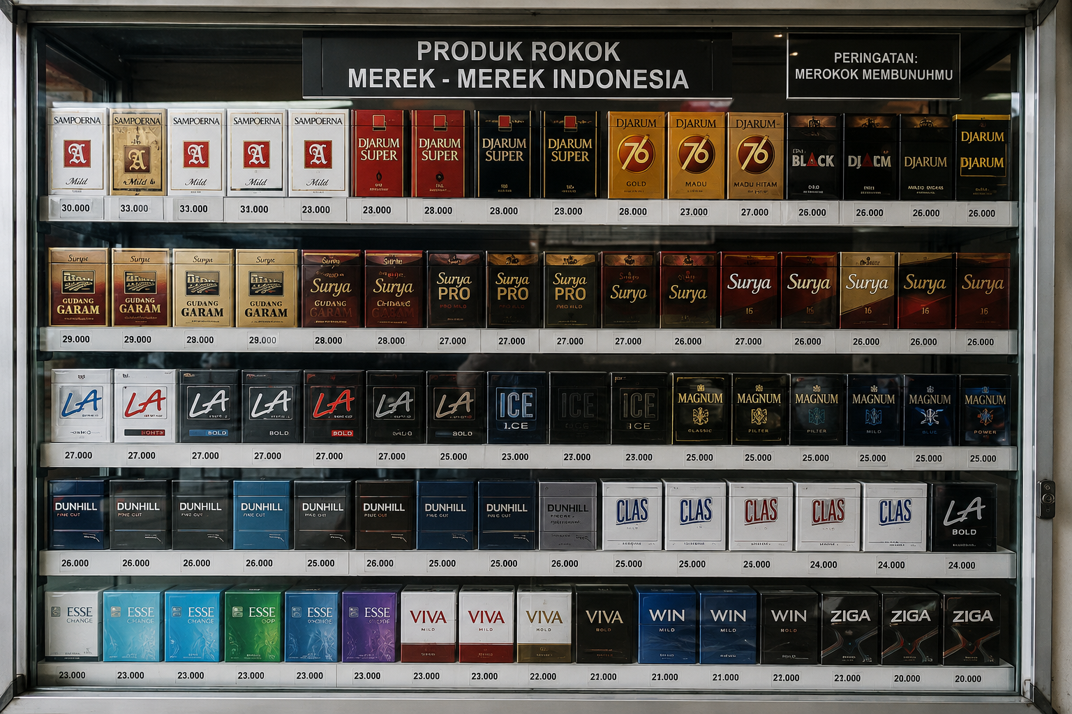 etalase bungkus rokok warna-warni