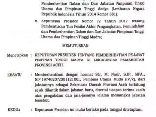 Sekretaris Daerah Aceh, M. Nasir diganti