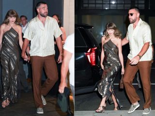 Taylor Swift tampil memukau dalam gaun berwarna emas berkilau, pertama kali muncul bersama Travis Kelce pasca-pernikahan